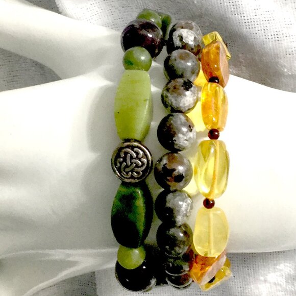 3pc Natural Stone Stretch Bracelet Set - Mixed Gemstone Beads Boho Stackable - Picture 3 of 14